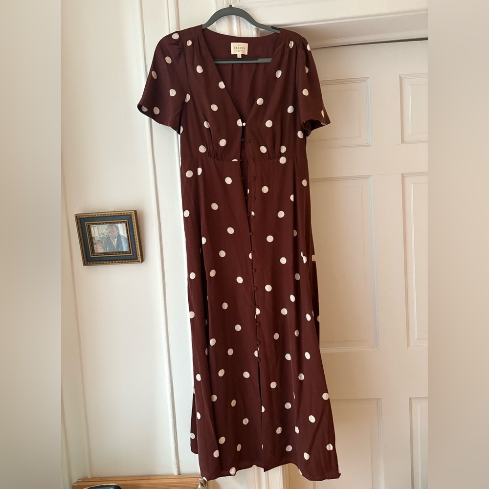 Sezane Solia Dress in Ercu Polka Dots on Chocolate Print
